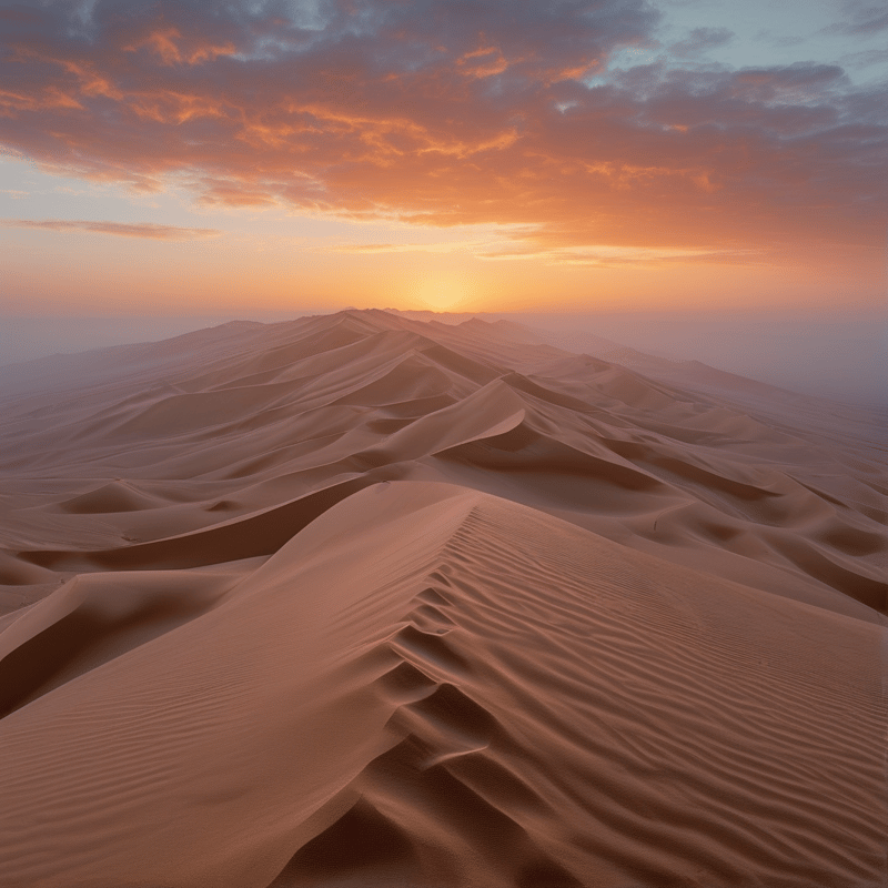 Expansive desert terrain features rolling dunes with wind ripples beneath a colorful twilight sky filled with scattered clouds.