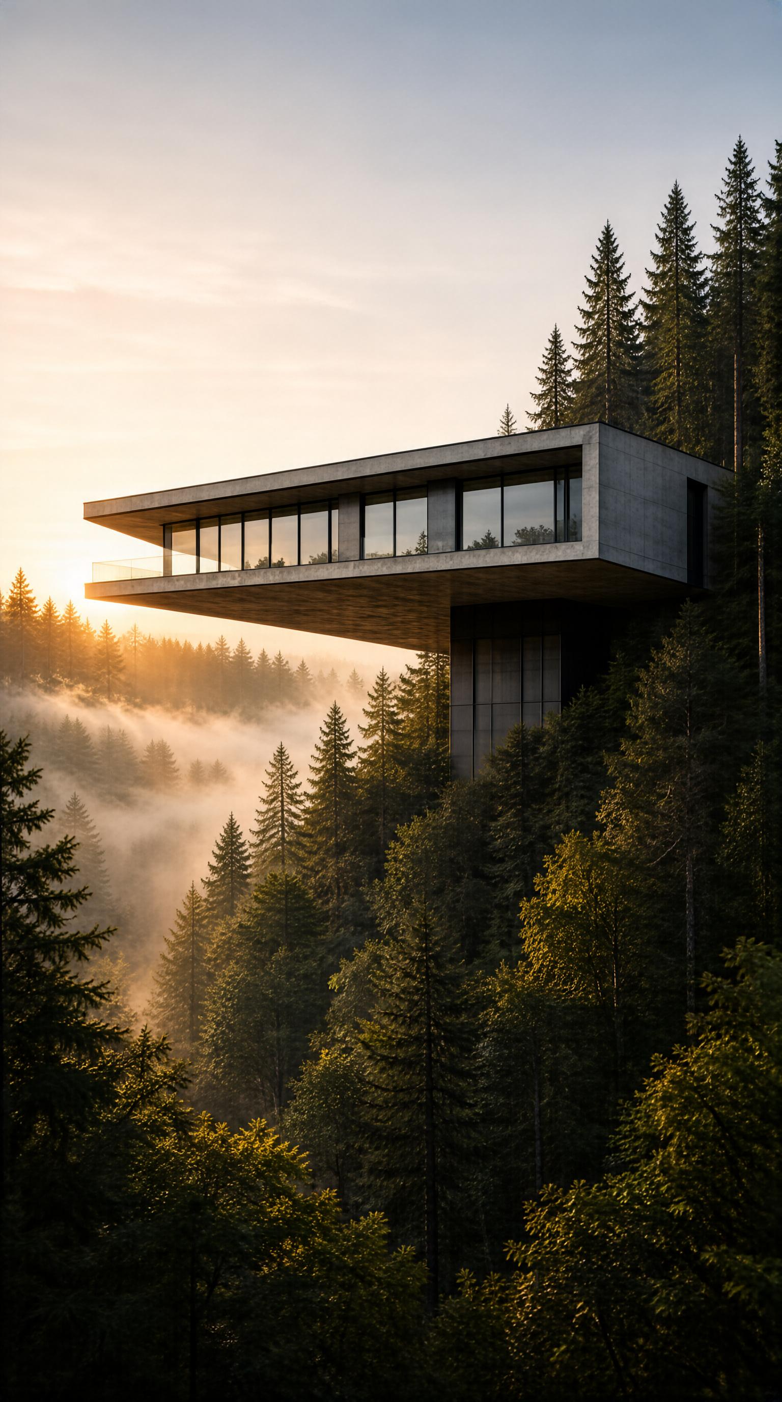 Modern House in Foggy Forest