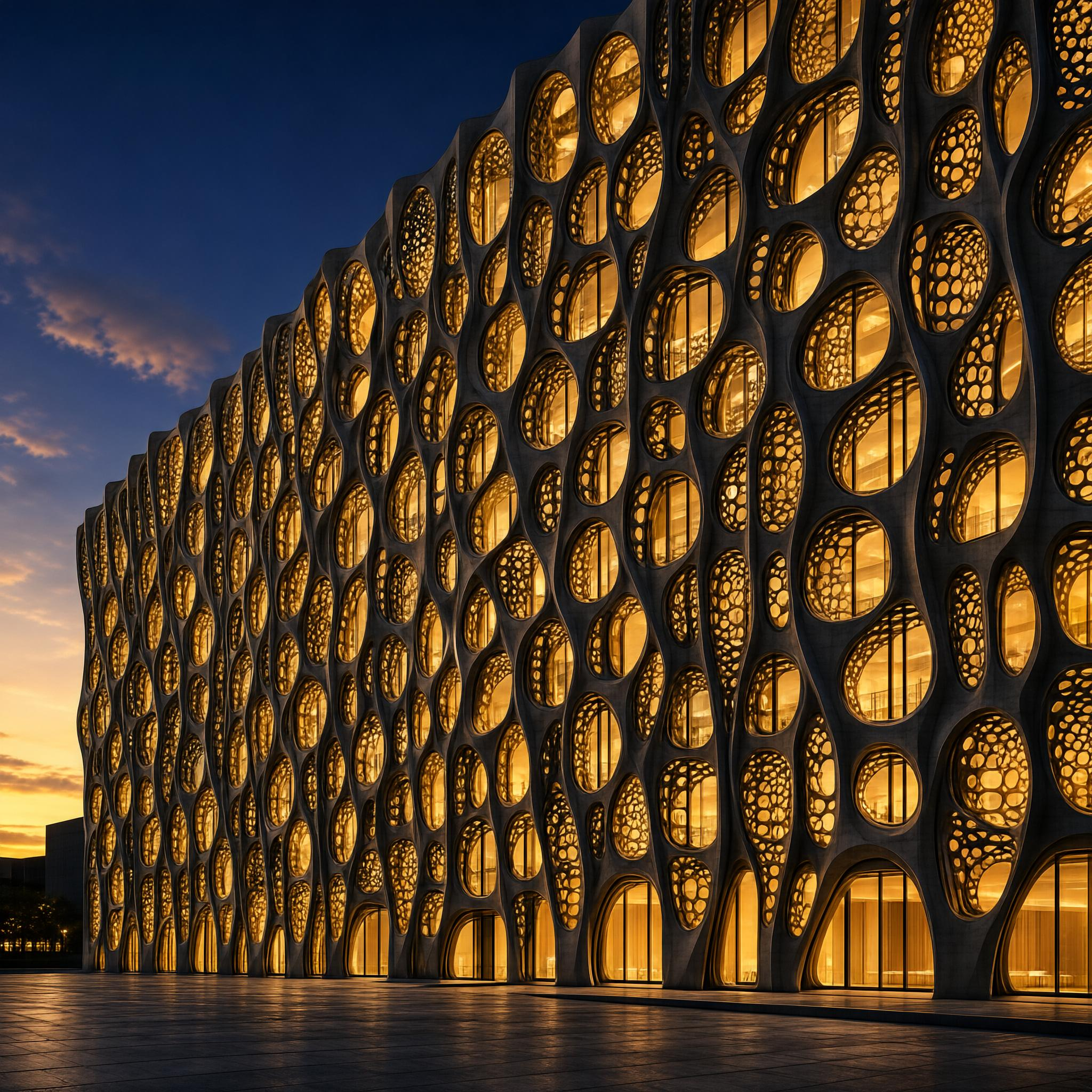 Modern Building with Circular Perforated Windows at Dusk