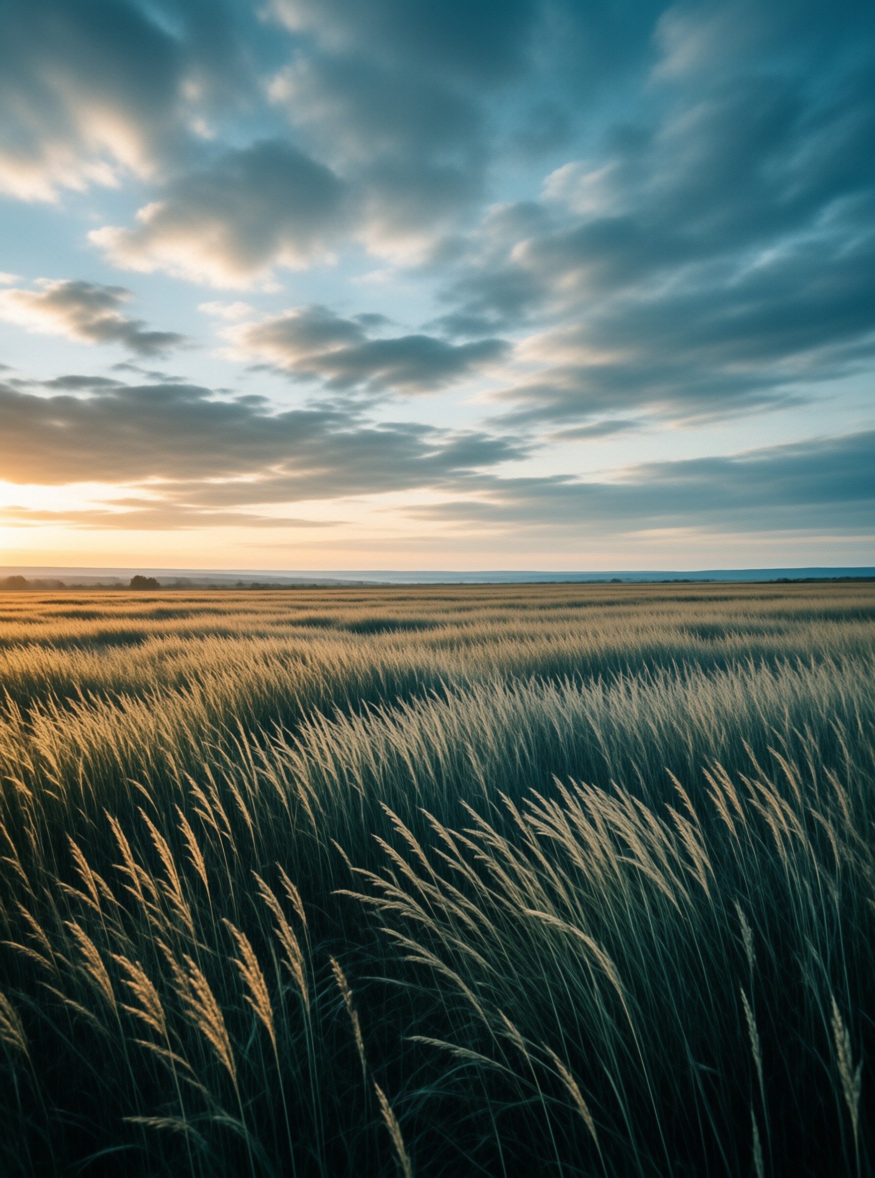 A vast wheat field stretches towards the horizon beneath a sky filled with scattered clouds lit by warm evening sunlight.