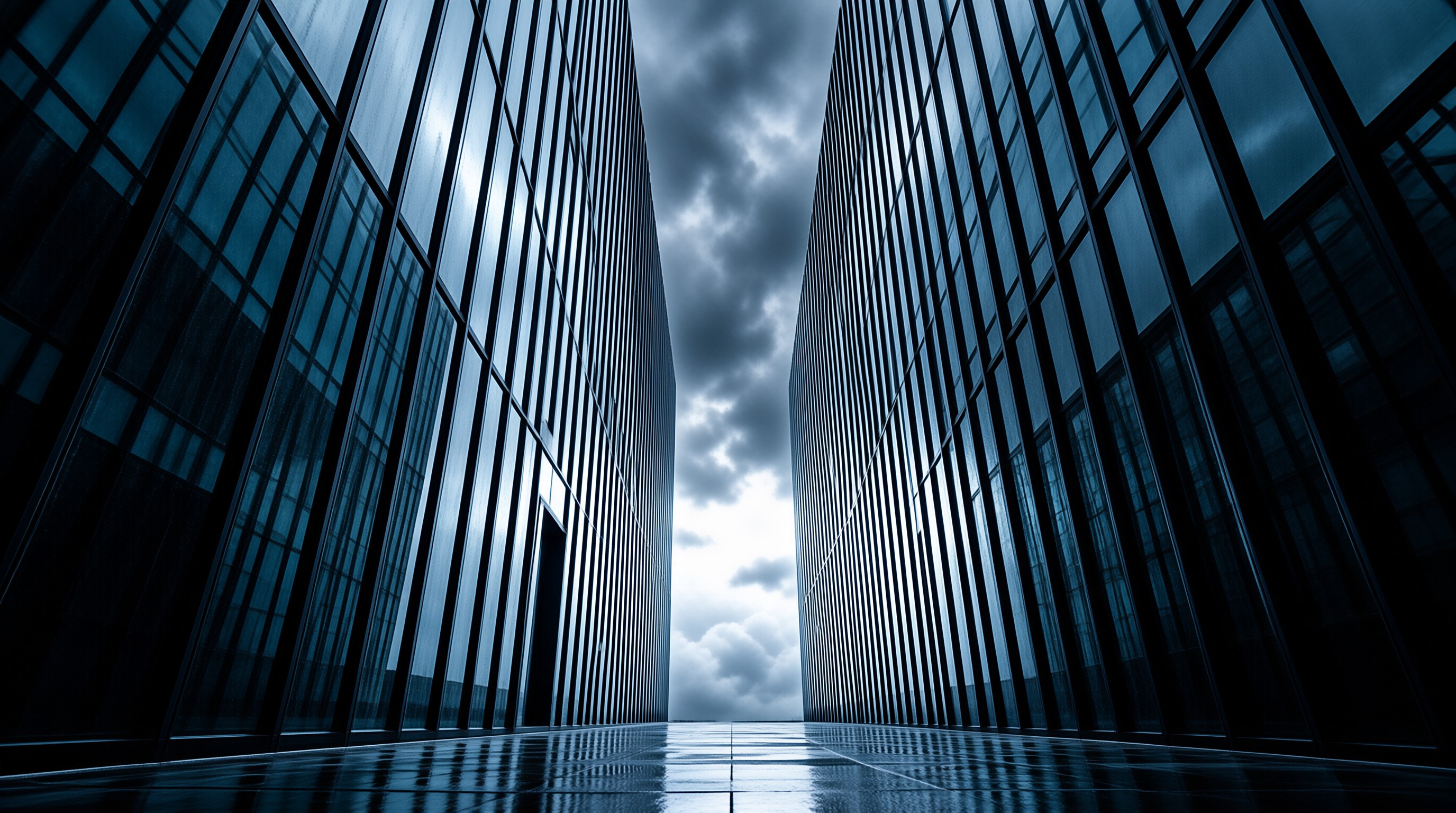Twin glass skyscrapers tower over a rain-slicked plaza, framing a cloudy grey stormy sky in a symmetrical upward view.