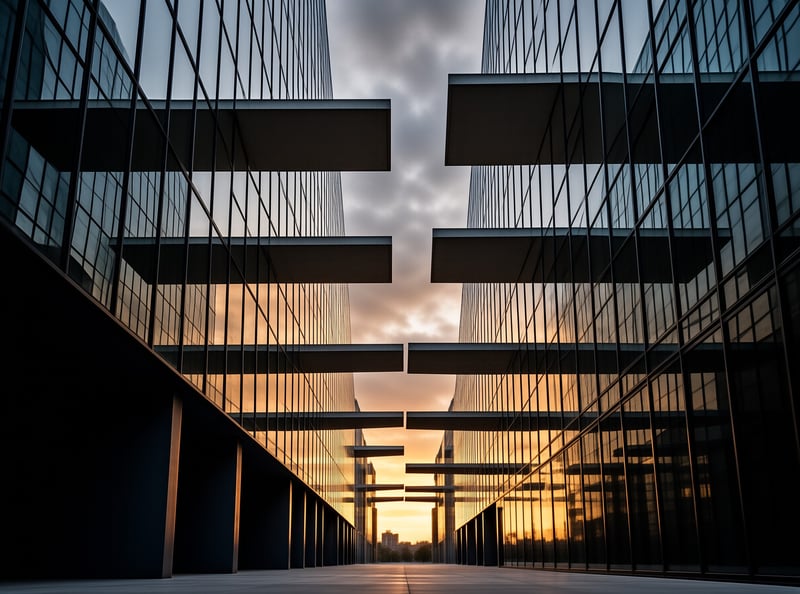 Mirror like office towers face each other across a plaza with cantilevered decks silhouetted against a dusk sky