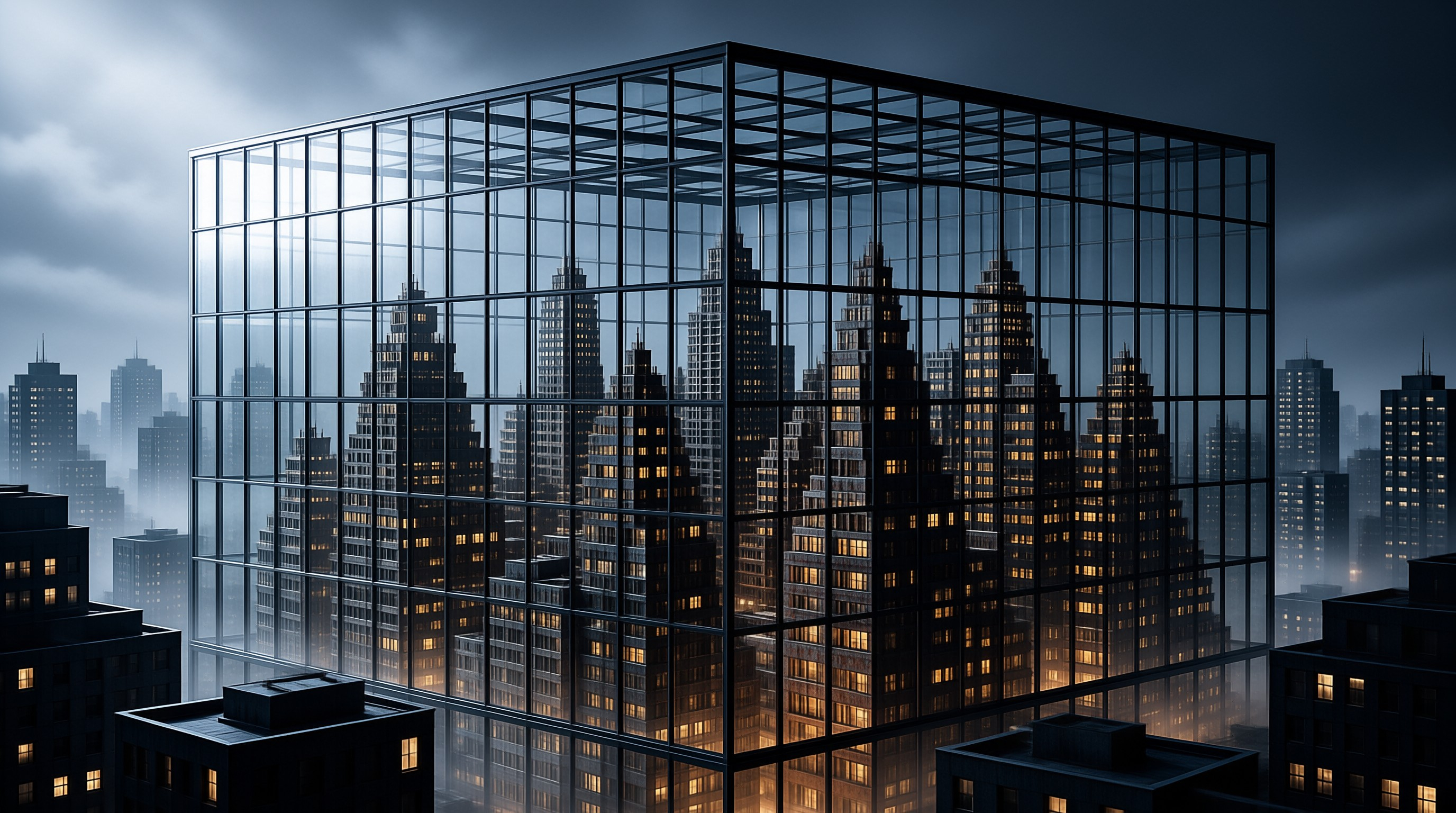 A transparent glass grid structure rises above a misty skyline filled with warm glowing windows during the blue hour.