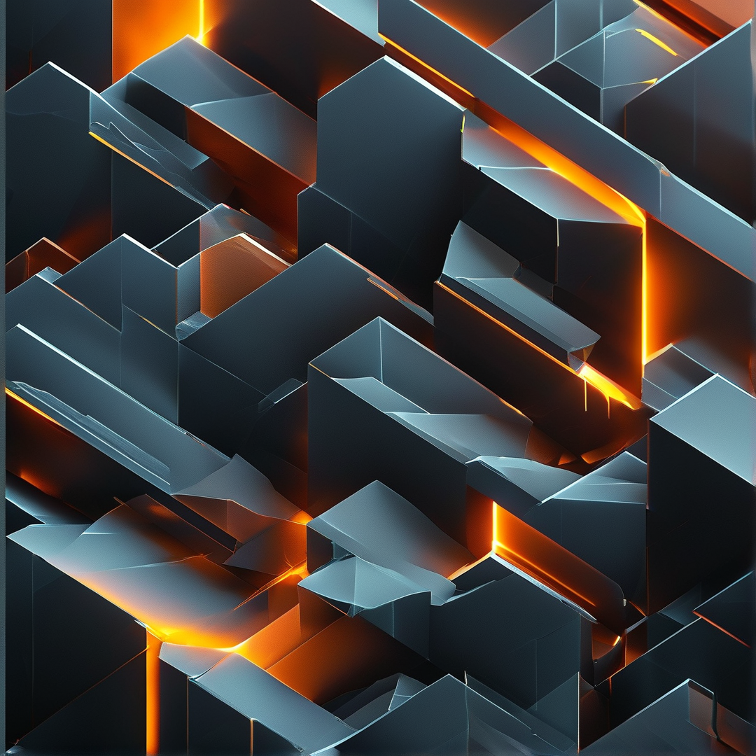 Jagged dark blue blocks interlock with bright orange glowing fissures creating a contrast between cold stone and hot lava.