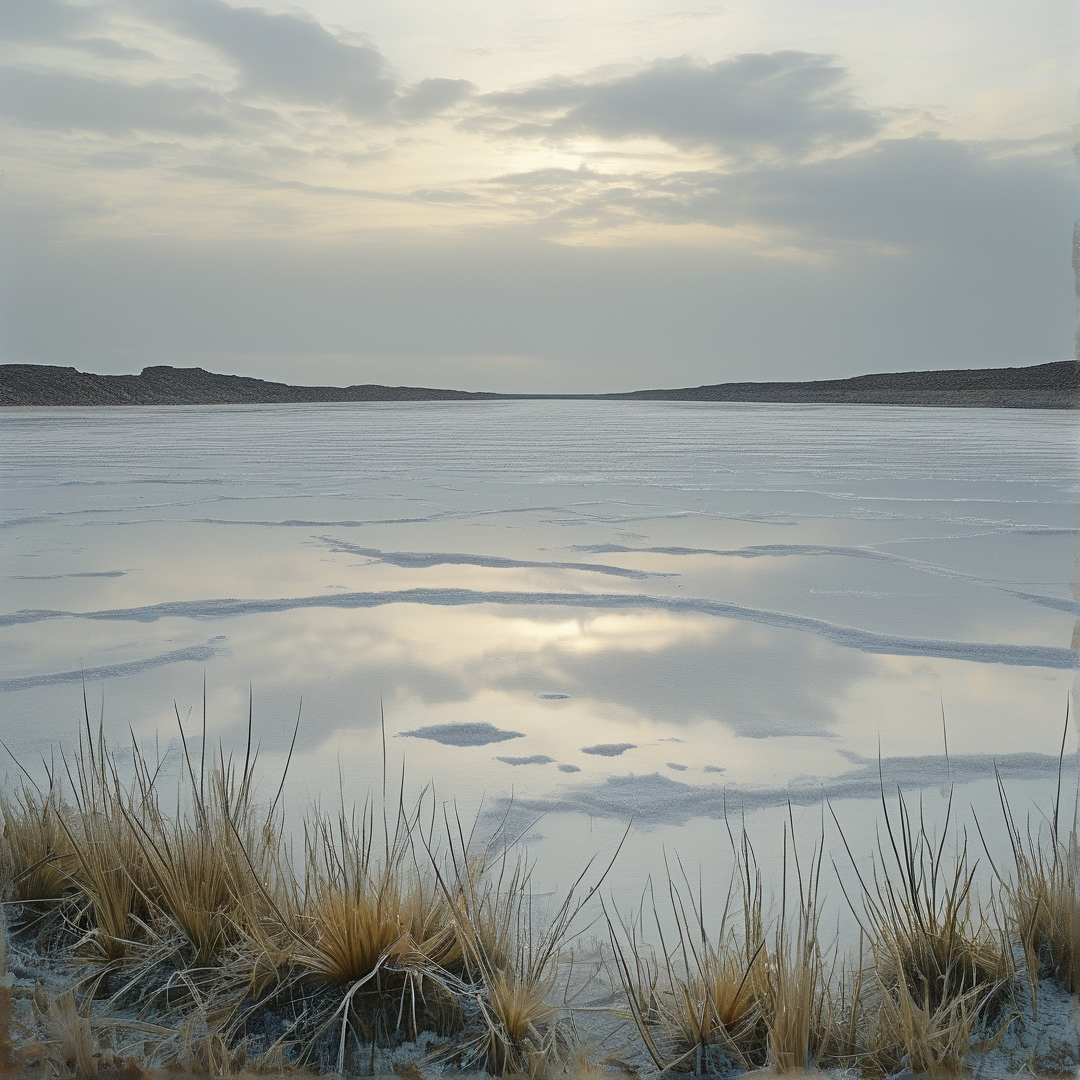 A shallow salt flat with cracked sediment reflects the cloudy sky, bordered by dry grass tufts and distant hills.