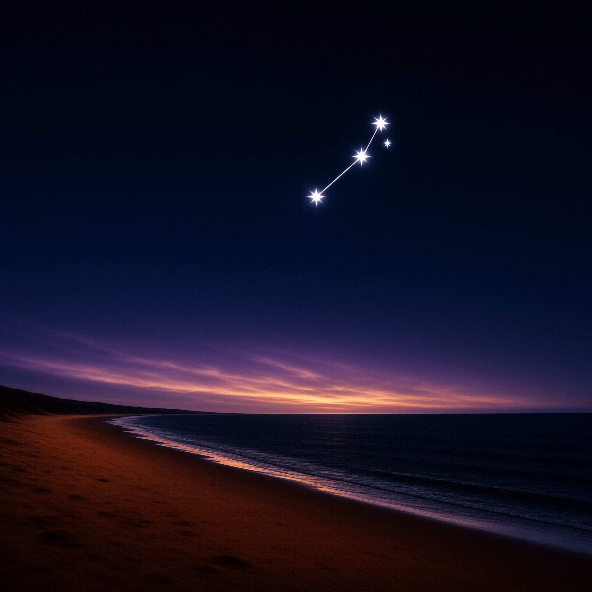 Four bright stars linked across a deep blue night sky over a quiet beach glowing with the last orange light of sunset.