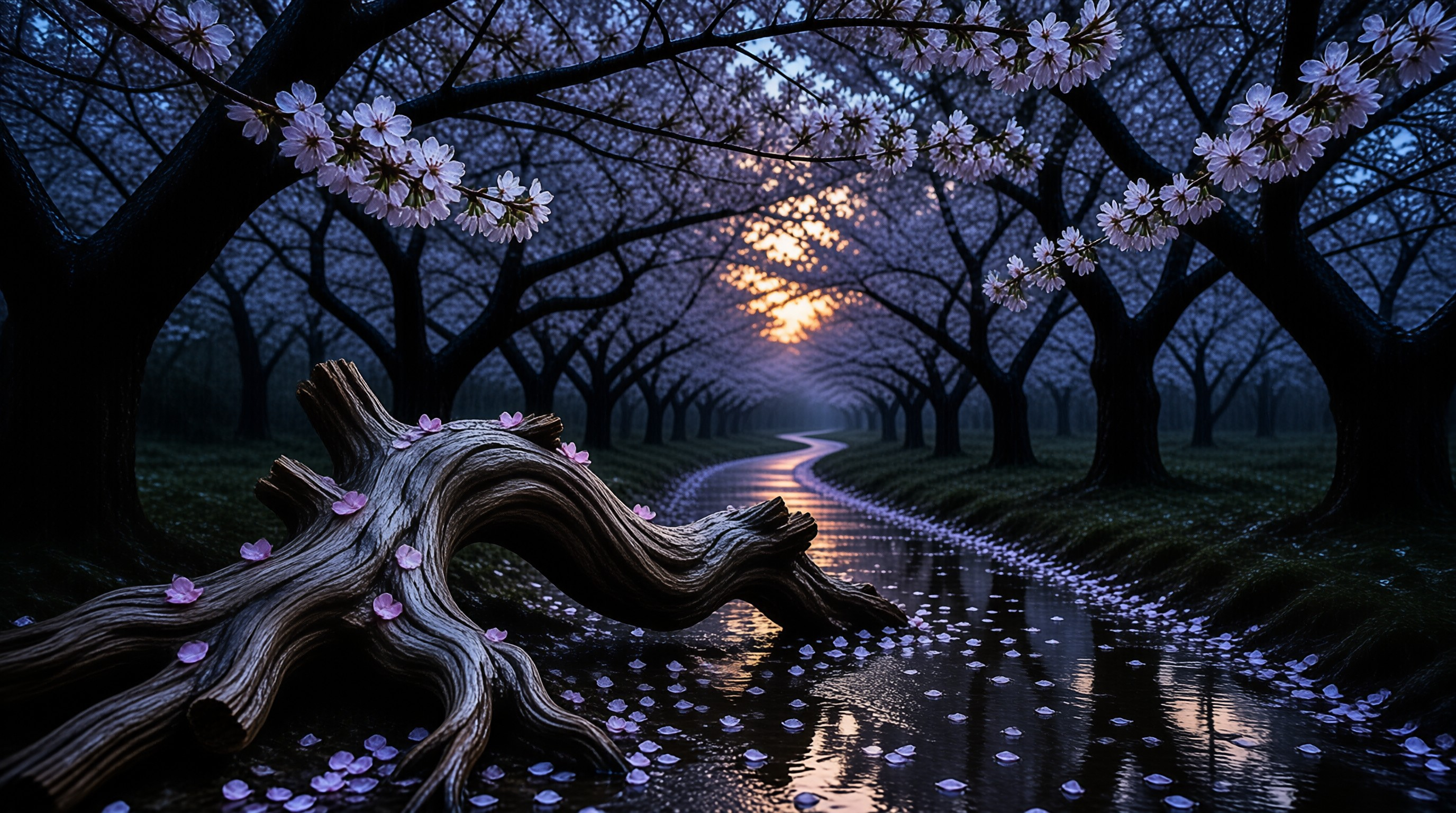 A gnarled fallen branch lies by a stream as rows of blooming cherry trees arch overhead toward a soft sunset glow.