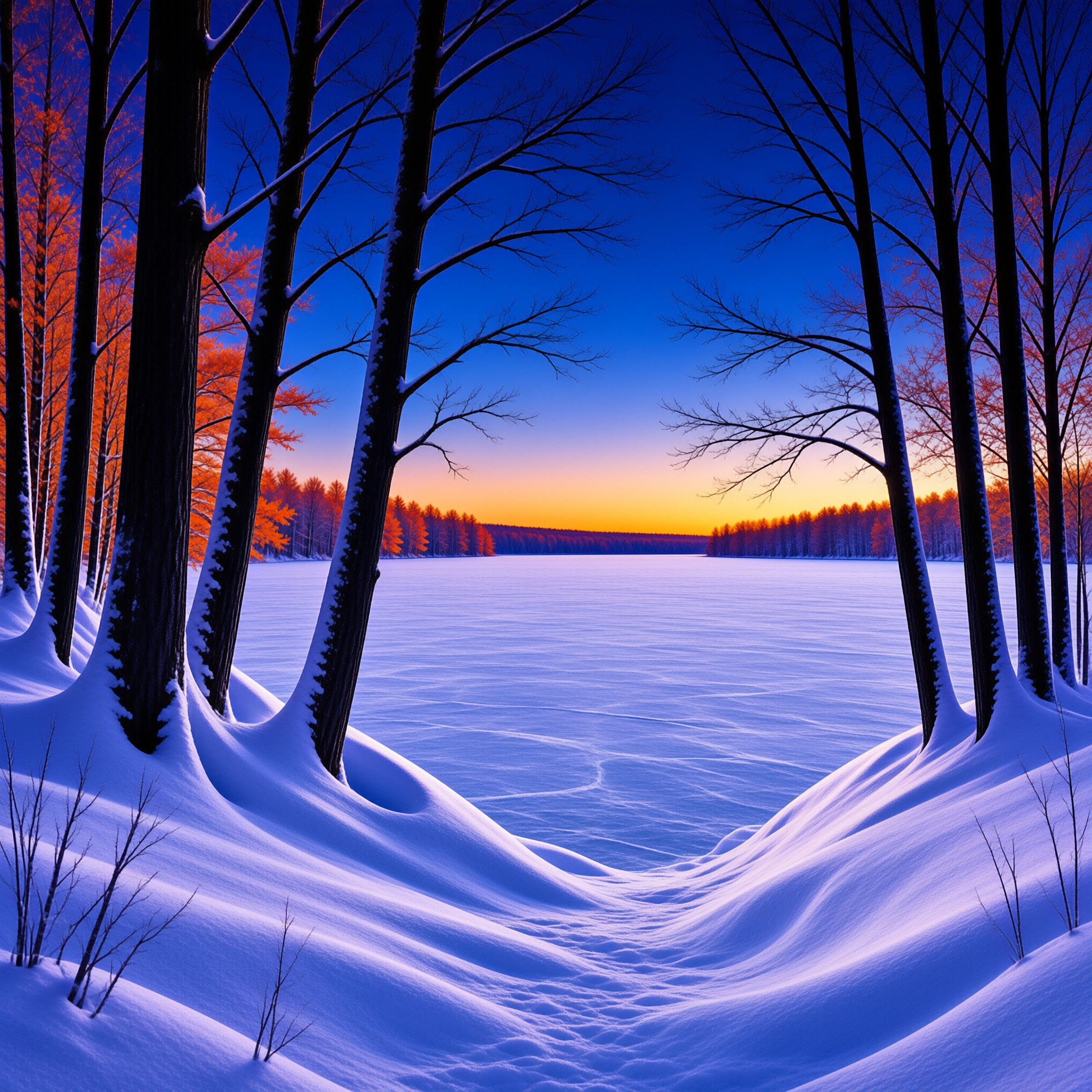 Snowy banks and black tree trunks frame a frozen lake, the far shore glowing orange beneath a deep blue winter dusk sky.
