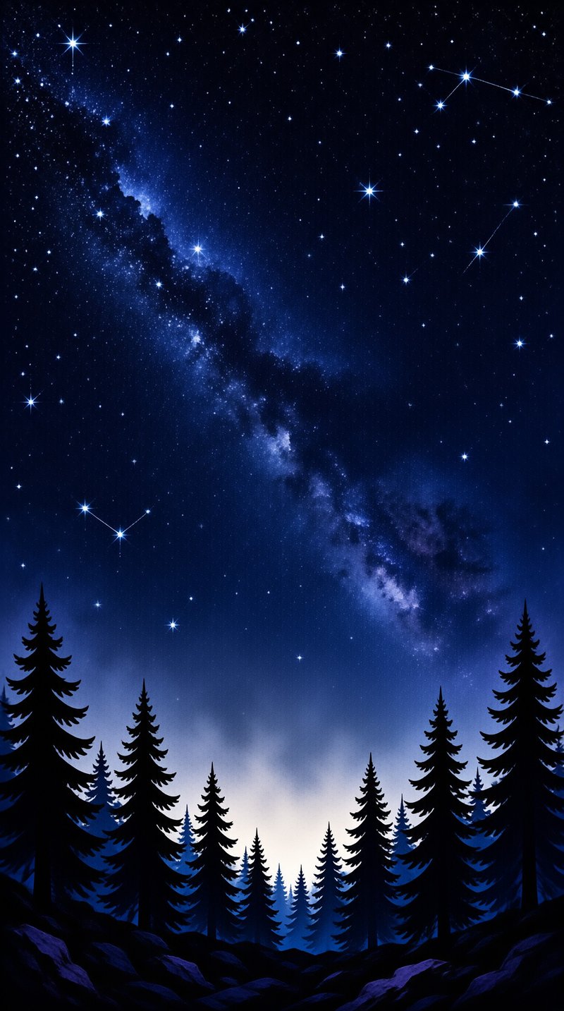 The Milky Way galaxy spans a deep blue night sky above a forest of dark pine tree silhouettes and rocky ground.