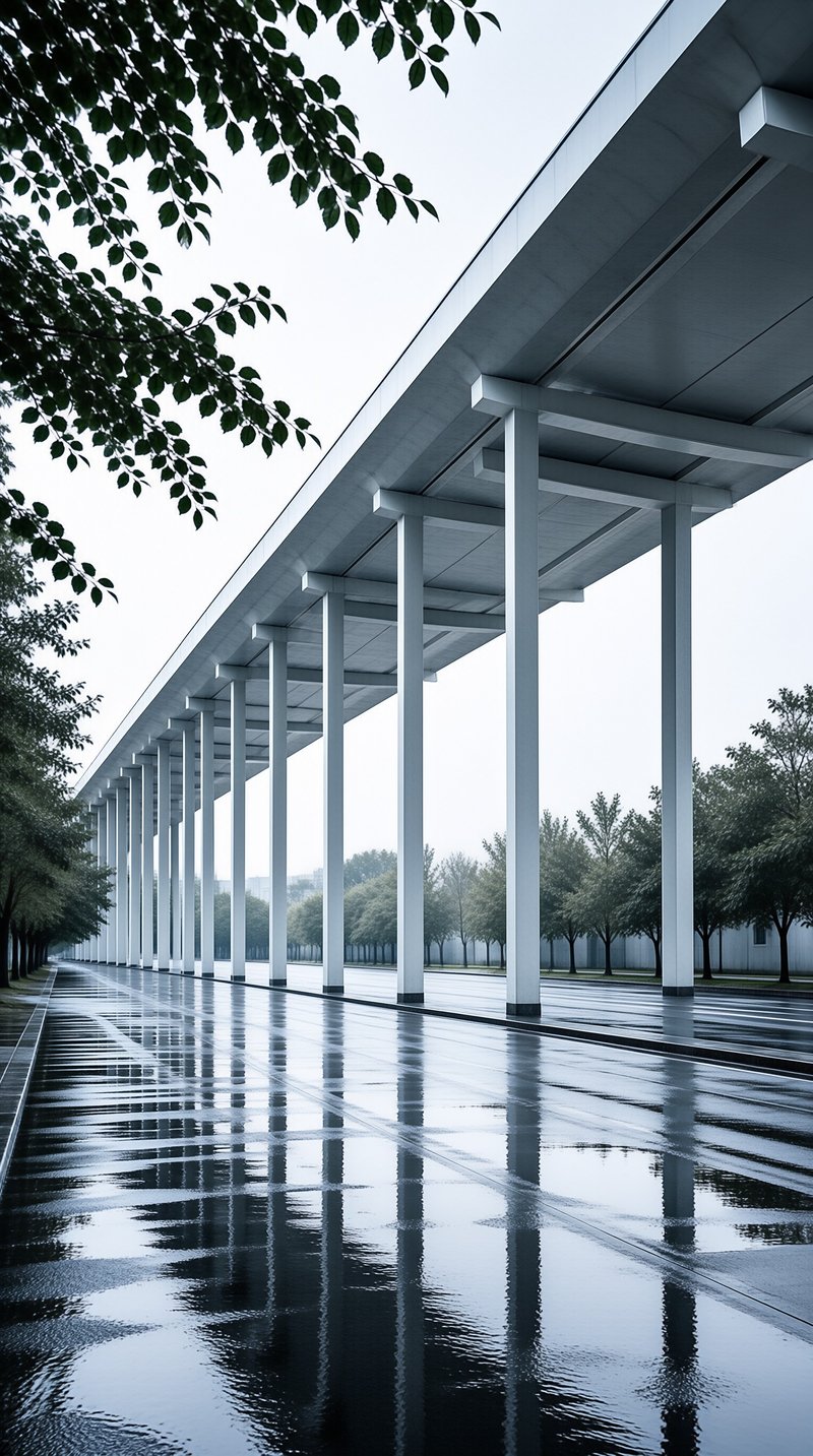 A white colonnade with columns reflects on wet ground beneath an overcast sky with trees on both sides