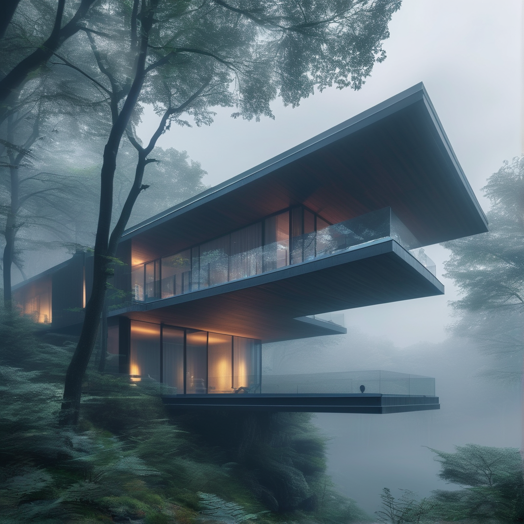 Modern Cabin in Misty Forest