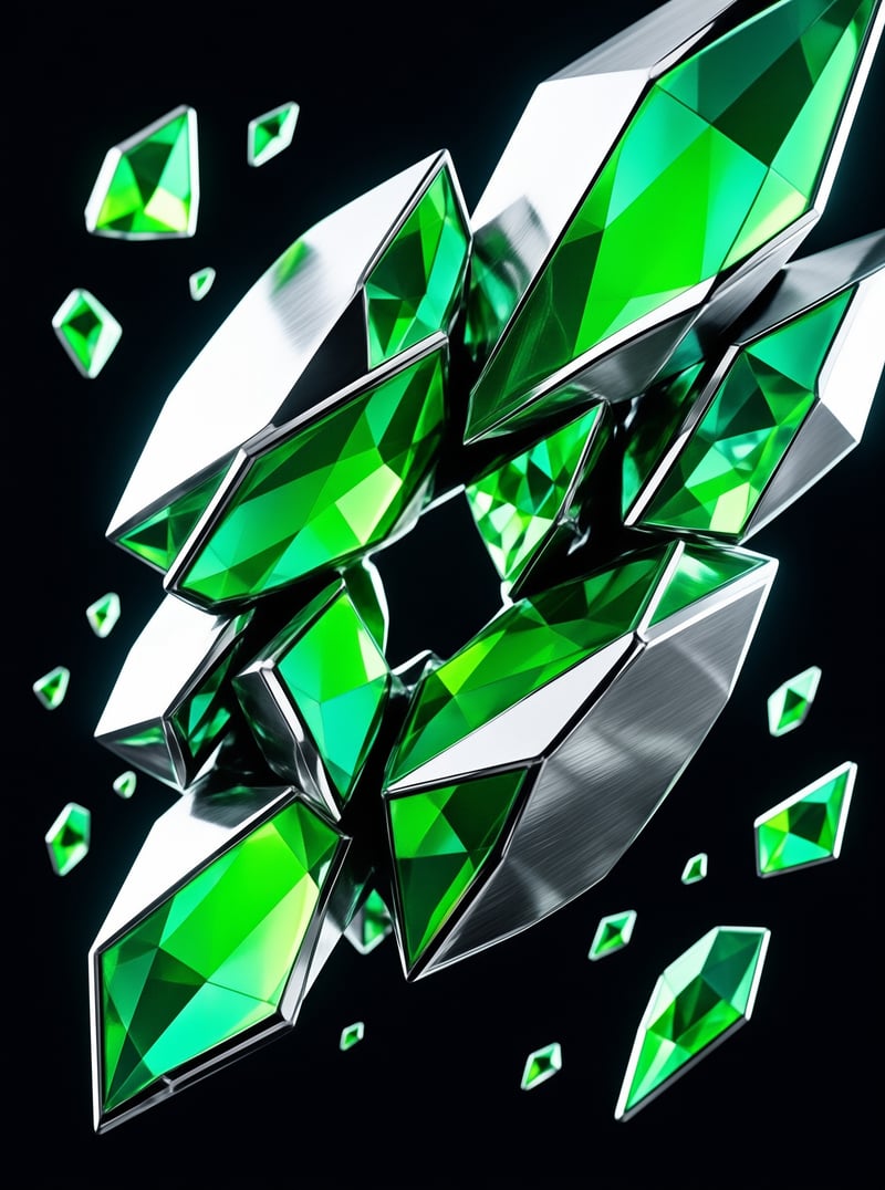 Faceted green gemstones embedded in silver metal structures drift through a dark empty space.
