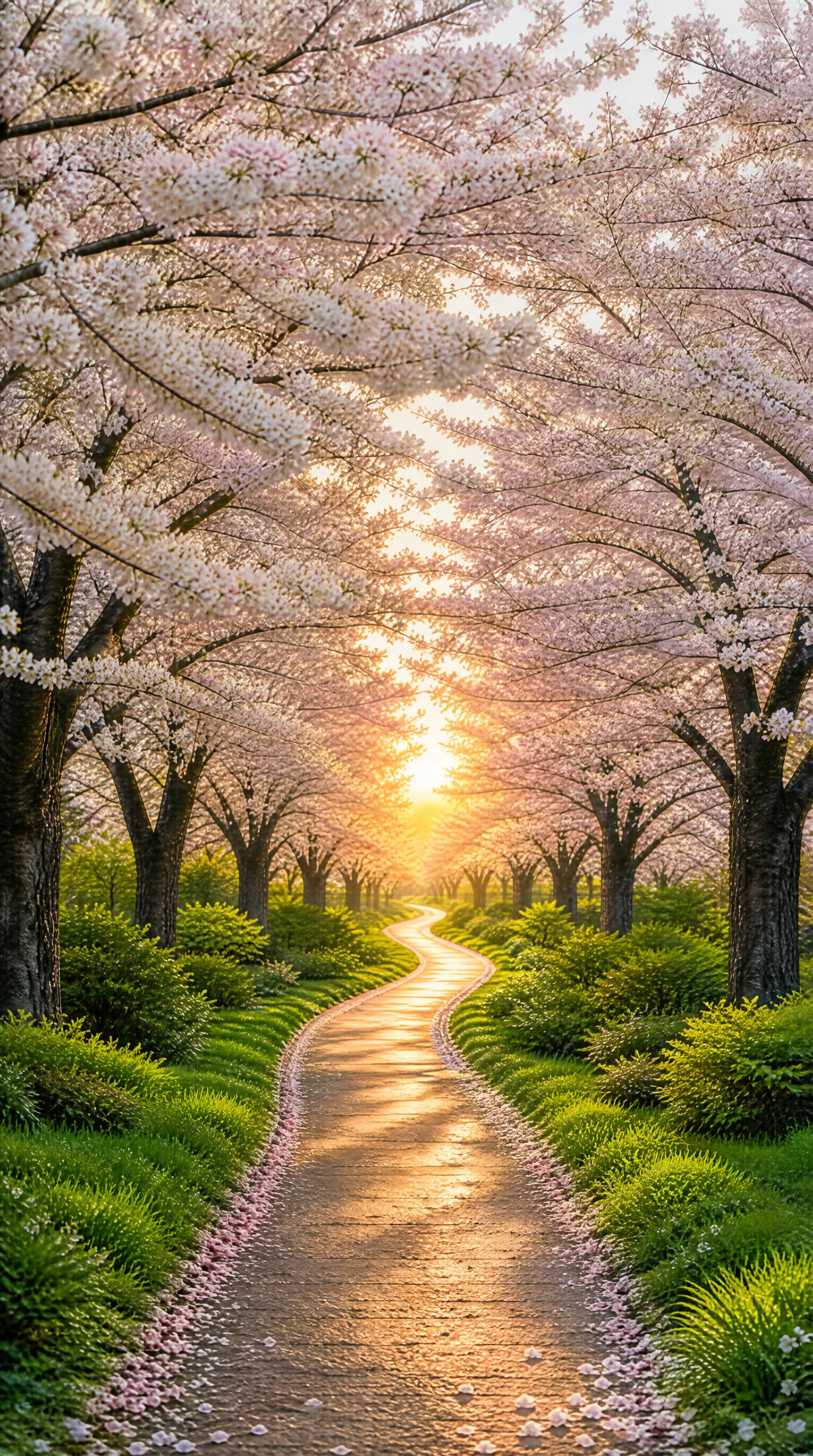 Cherry Blossom Path at Sunset