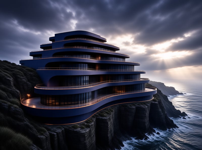 This multi-tiered dark blue building rests on a rugged ocean cliff, warm interior lights stand out against the moody stormy sky and sun rays breaking over the sea