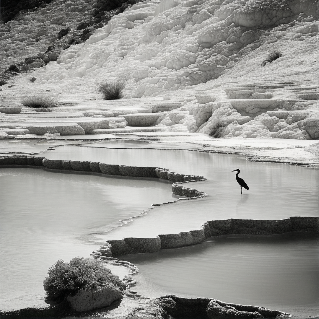 A lone bird stands in a pool of water surrounded by layered white rock formations in a high contrast monochrome landscape.