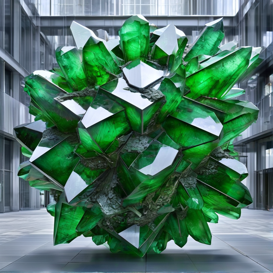 A monumental green crystal formation floats inside a mirrored office atrium with faceted shafts glowing in daylight.