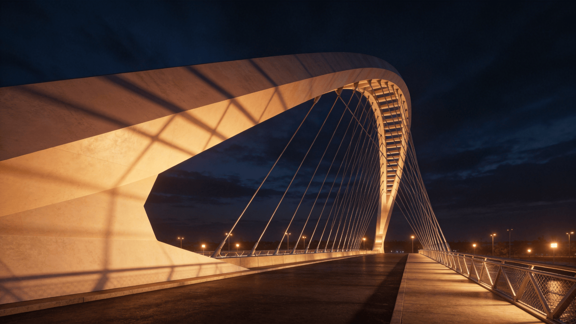 Bridge with Tensile Structure — Night With Warm Lights