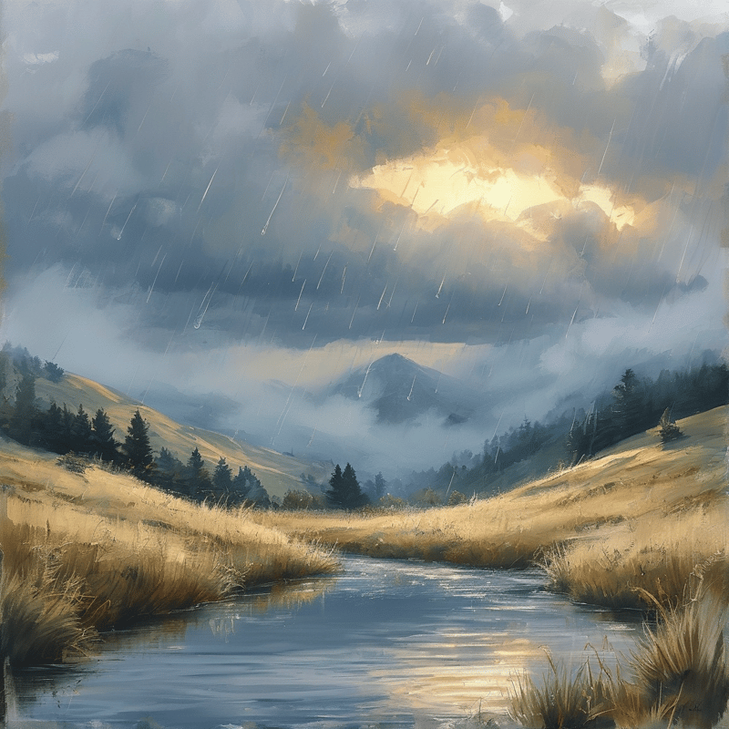 Golden grasses line a river winding through a misty valley while rain falls and bright sunlight breaks through dark storm clouds.
