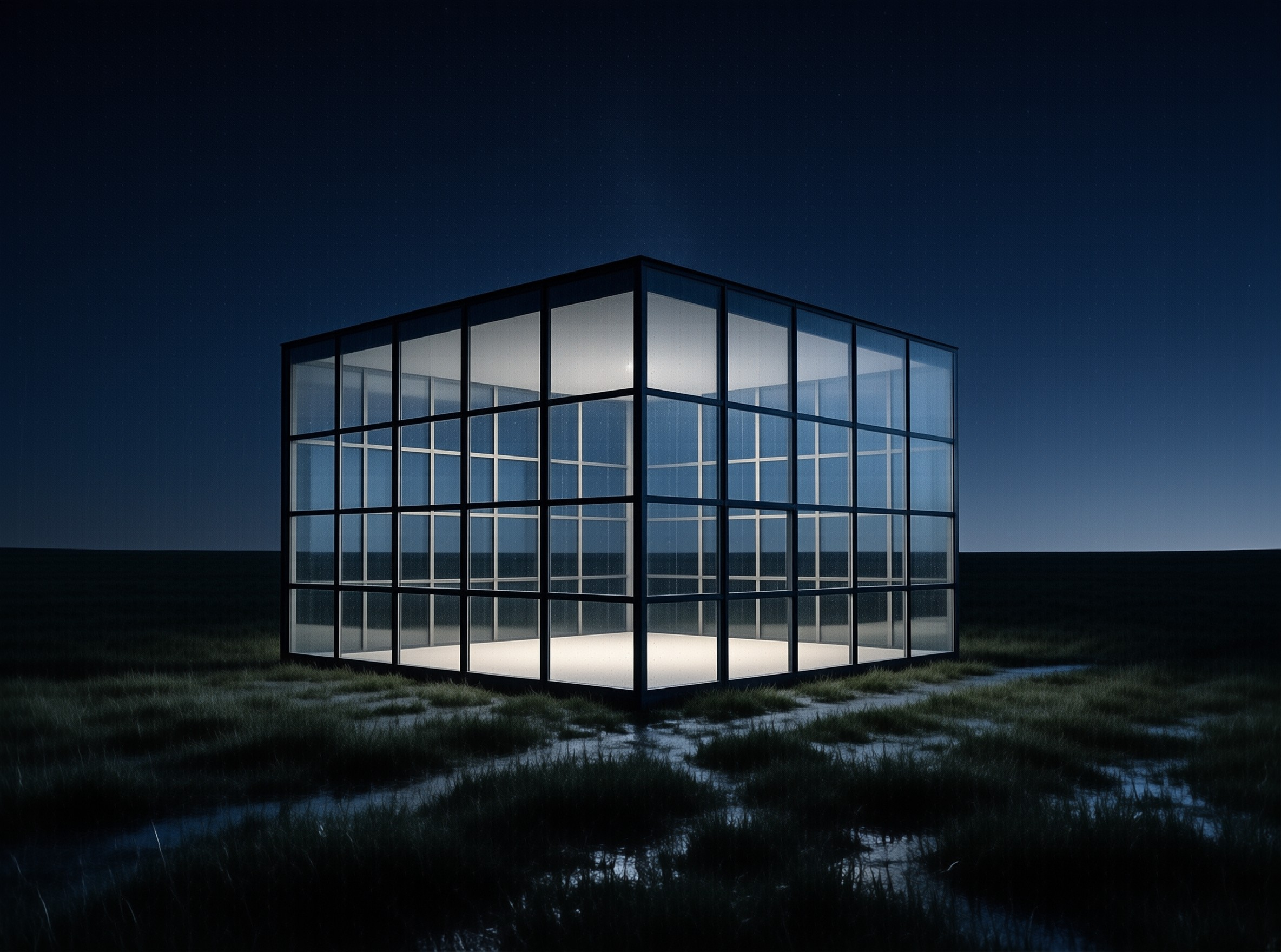 Glass Cube House at Night