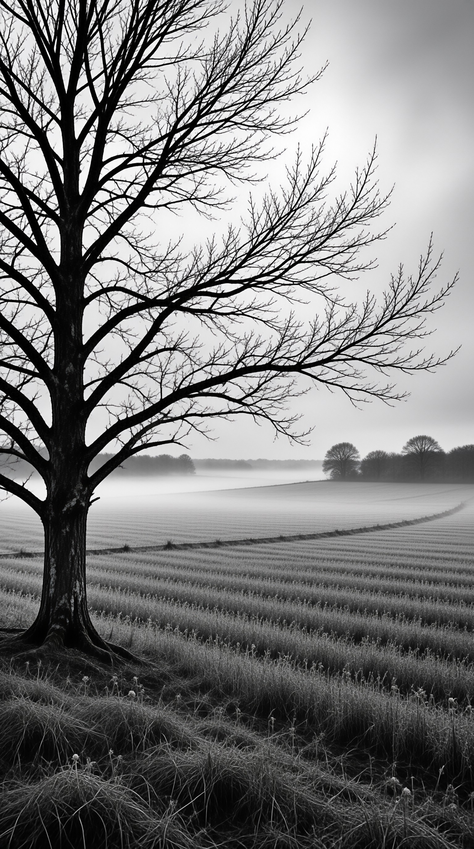 Bare Tree in Misty Field