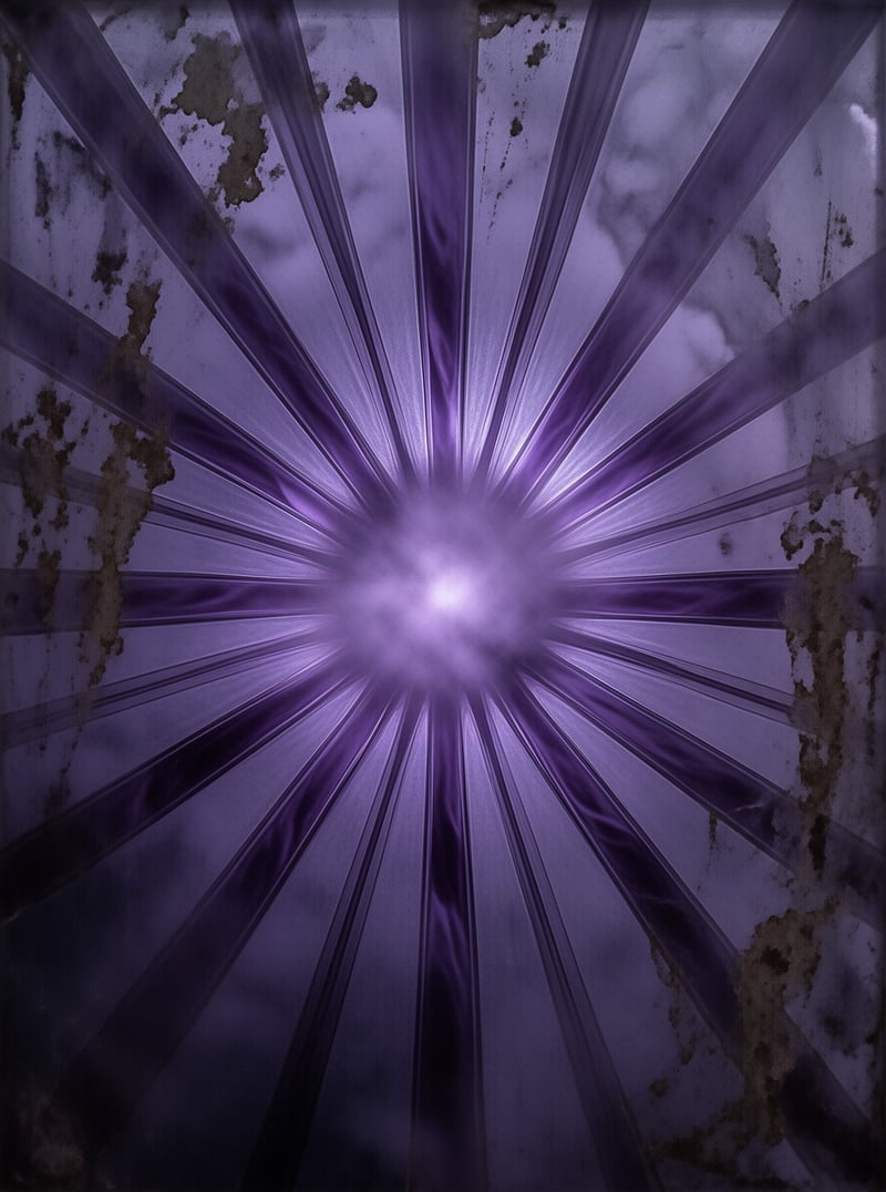 A bright purple light radiates from the center against a background of peeling paint and rust.