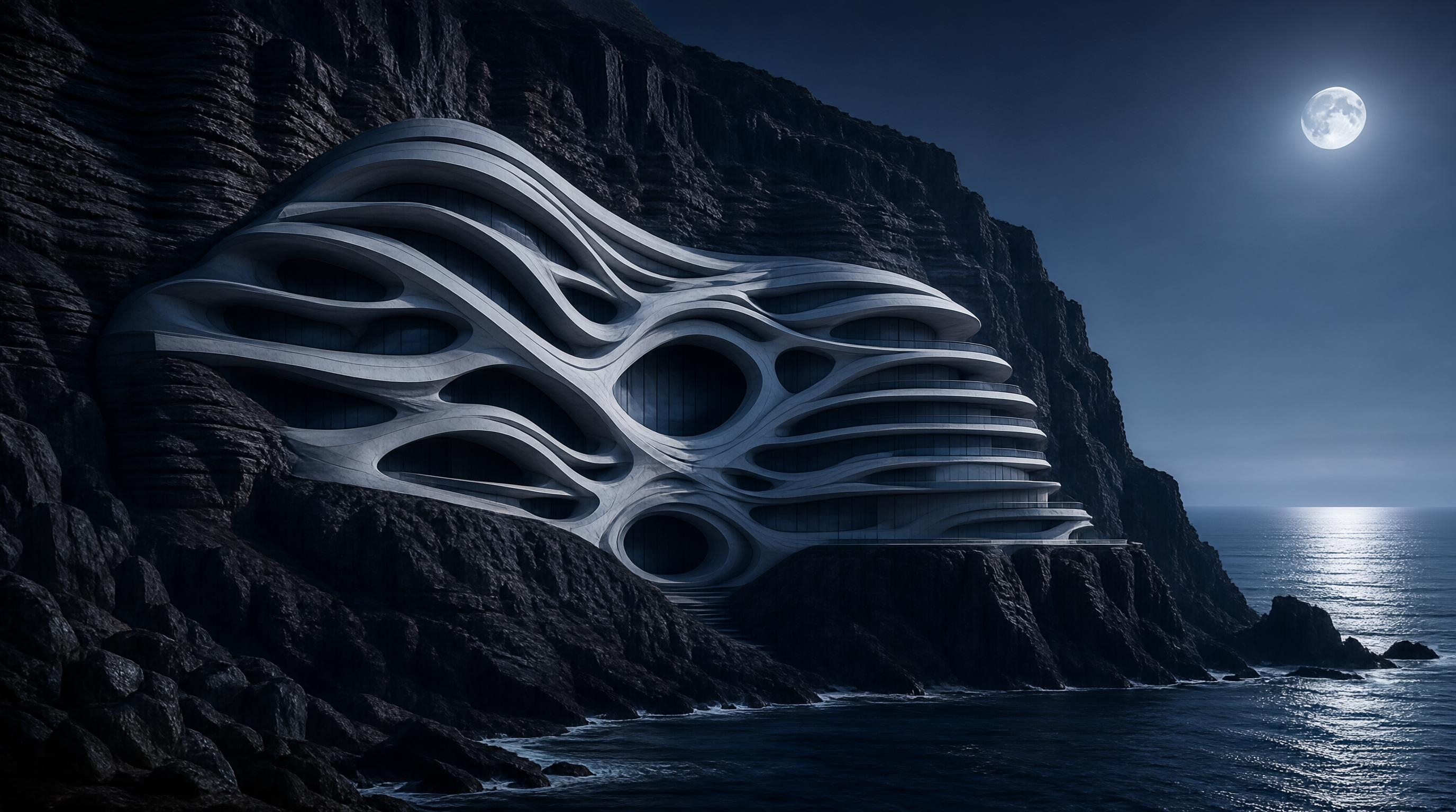 Modern Cliffside Building at Night