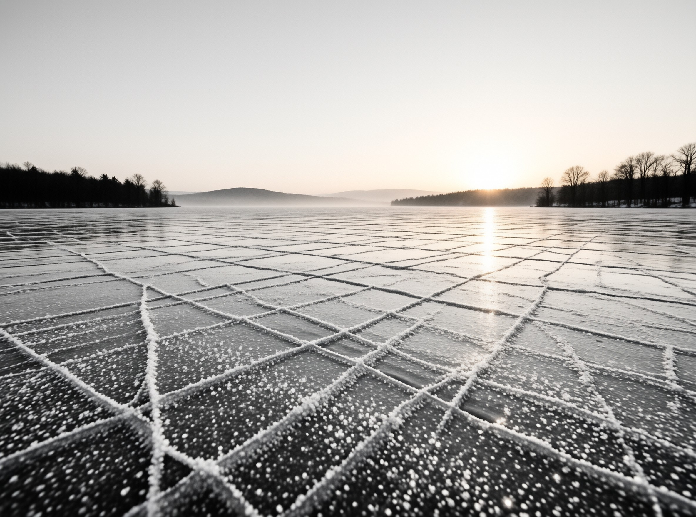 A wide view of fractured ice grids reflecting the low sun over a misty shoreline lined with bare trees.