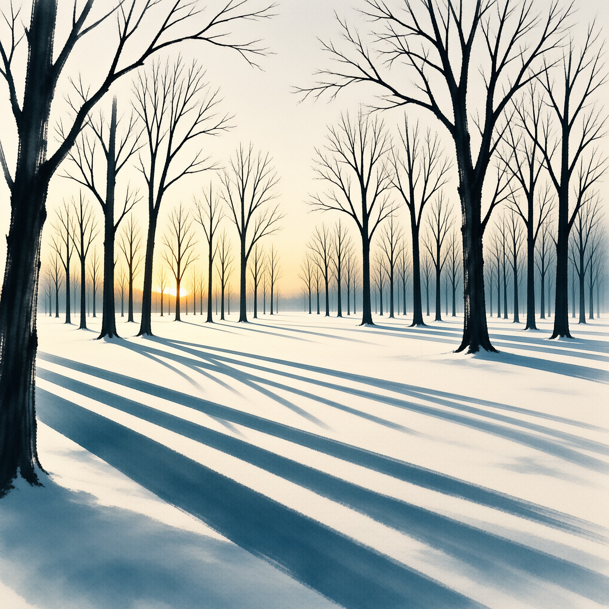 Rows of bare winter trees stand on snow covered ground as low dawn sun casts long dark shadows stretching to the horizon