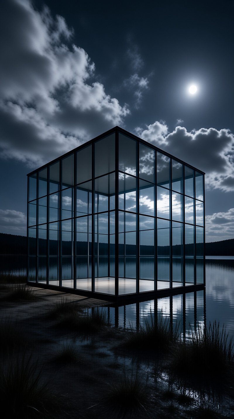 A transparent glass cube sits on the shore reflecting the moon and cloudy night sky.