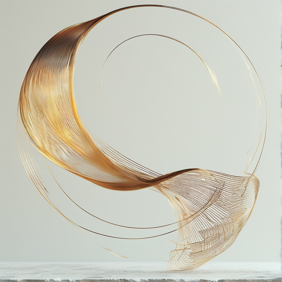 A complex golden structure curves elegantly above a textured grey floor, forming a loop of fine lines.