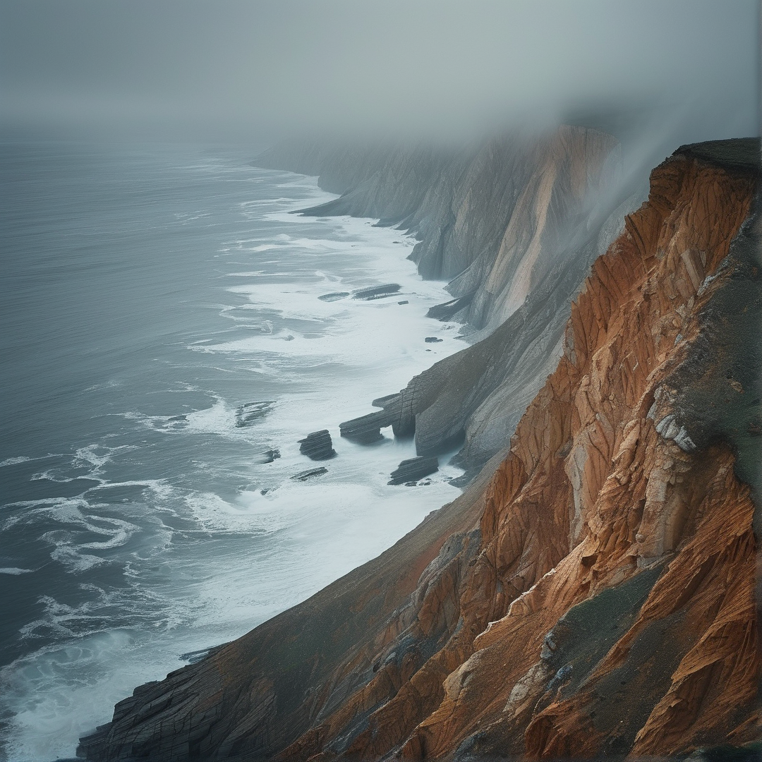 Steep rocky headlands rise above crashing white waves while low hanging fog covers the horizon.