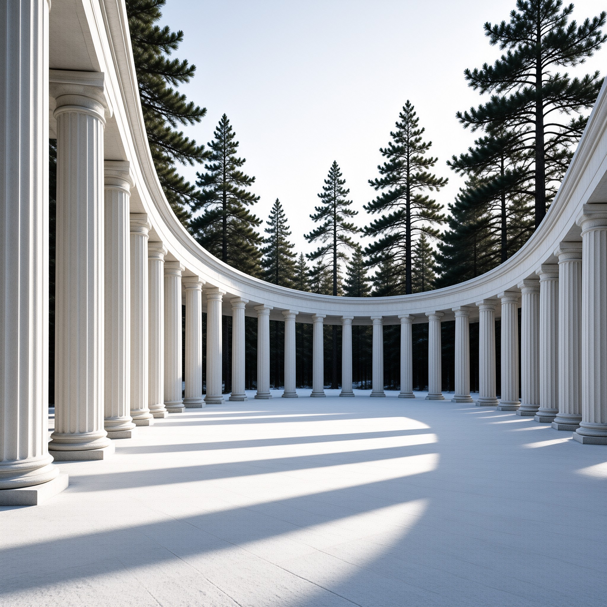 A sweeping semicircle of pale classical columns curves around a bright plaza, tall pines rising behind against a clear sky.