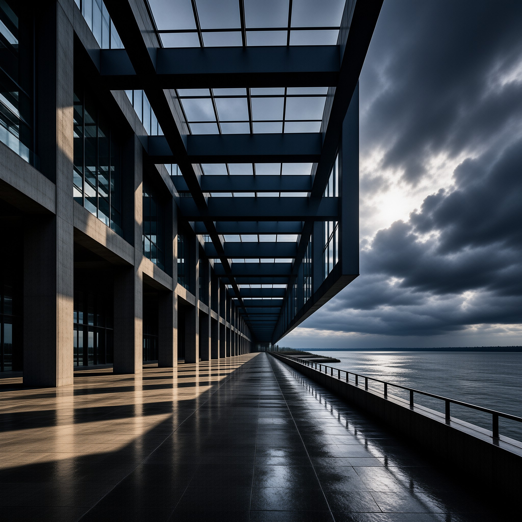 A steel framed gallery runs along a dark lake while heavy clouds break light across the wet stone floor.