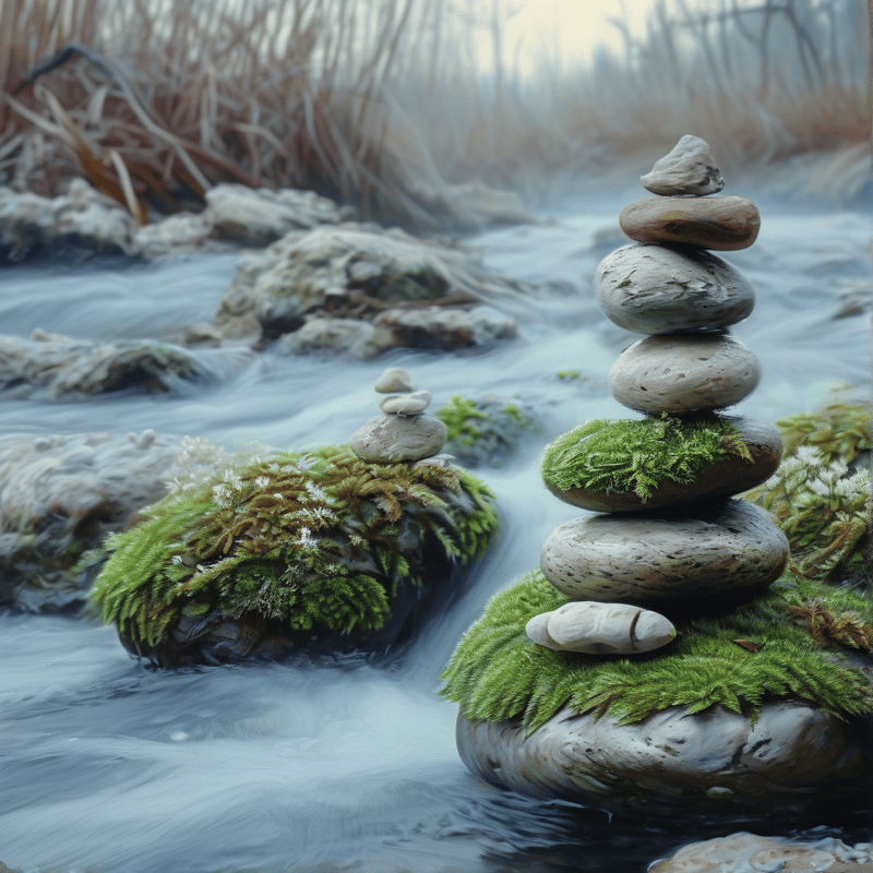 Carefully stacked pebbles rest on moss-covered boulders amid softly flowing water in a quiet woodland.