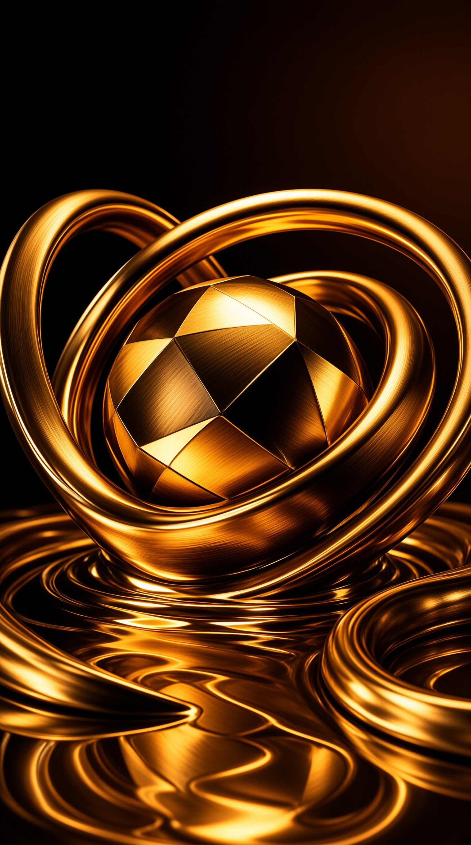 A faceted gold sphere rests inside thick flowing metallic ribbons against a dark background.