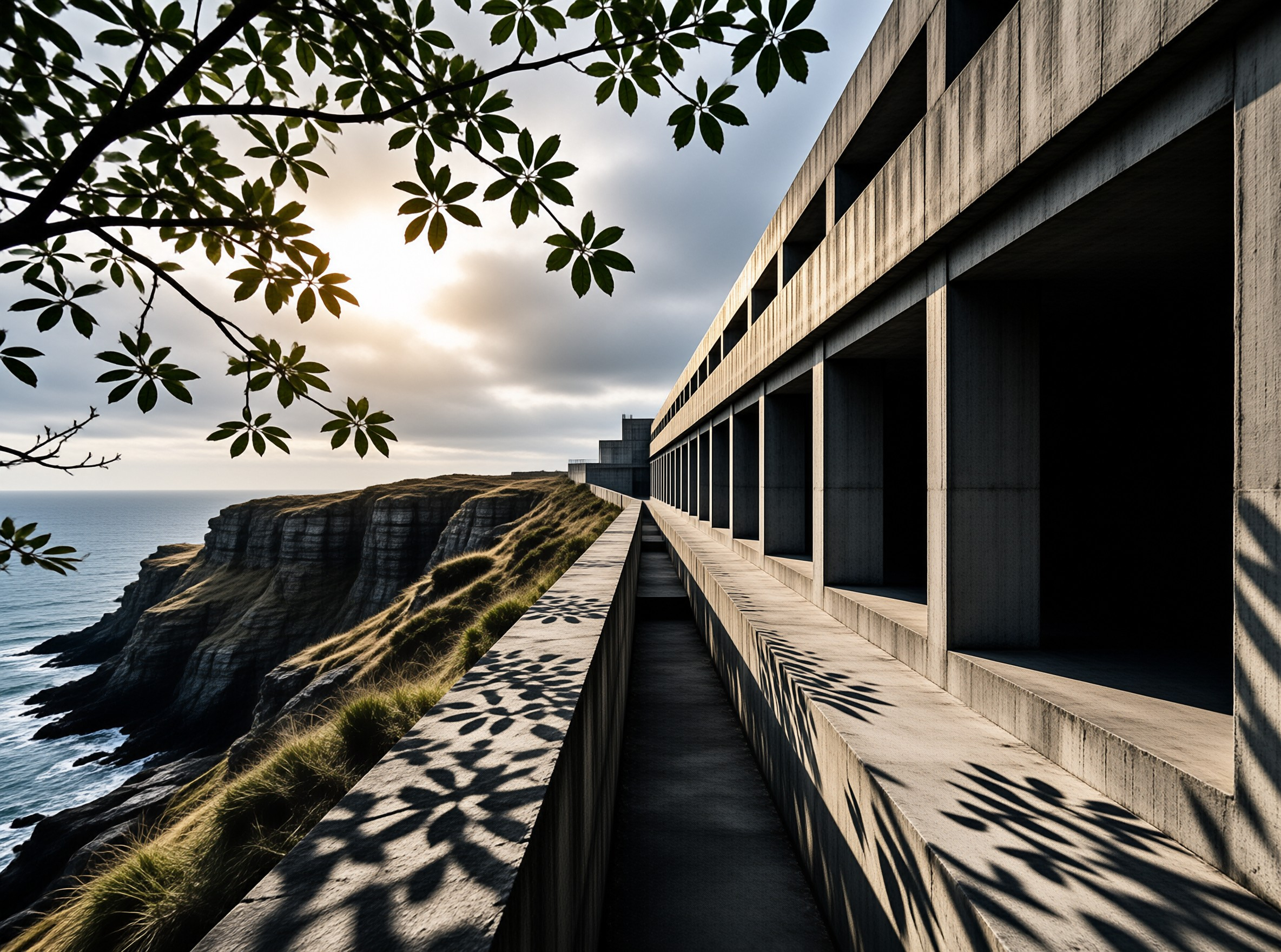Concrete building with deep recesses runs along a grassy cliff overlooking the ocean while tree branches cast shadows in sun.