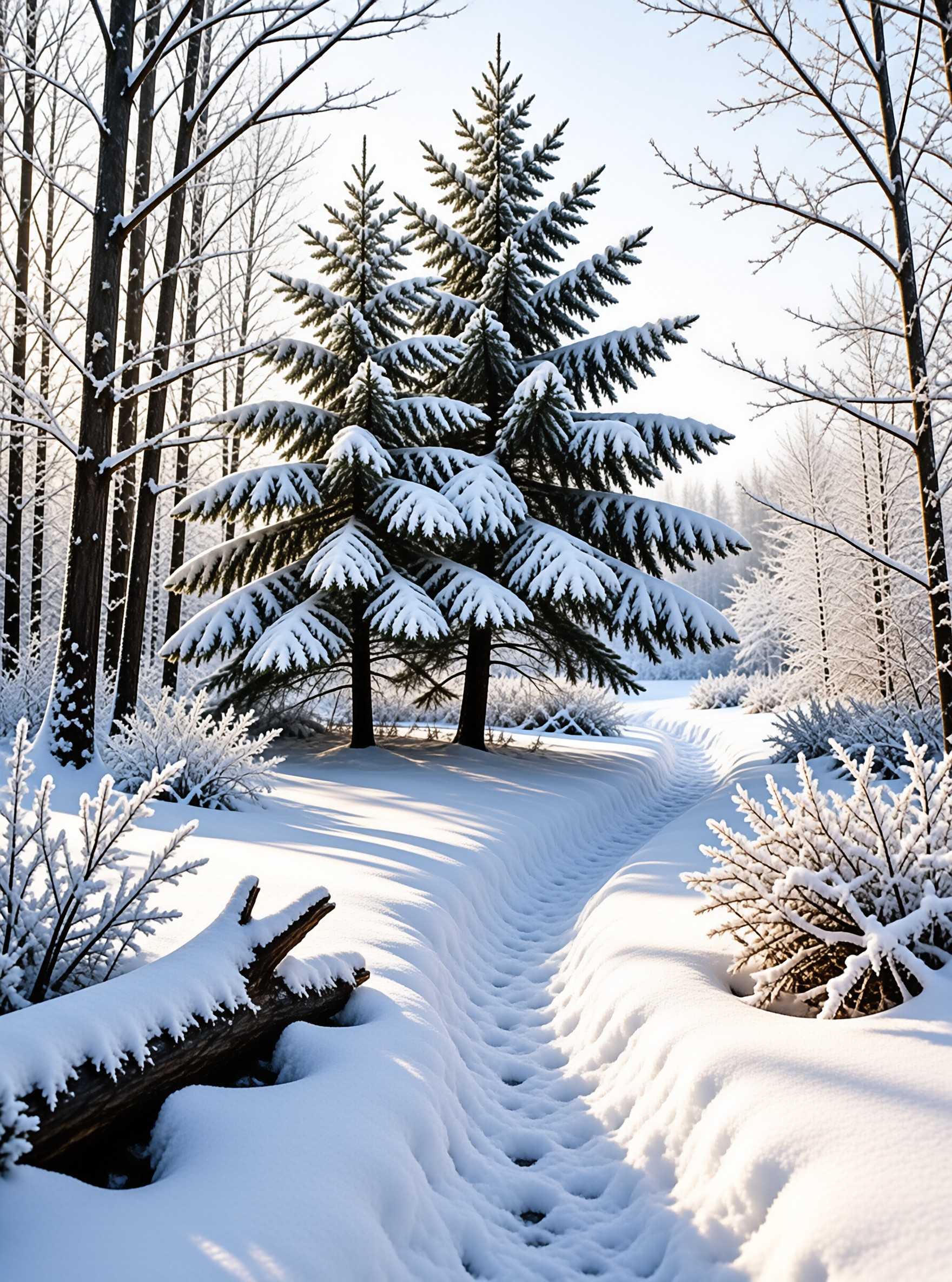 Fresh powder coats evergreen branches and a narrow footpath, while low sunlight streaks blue shadows across the clearing.