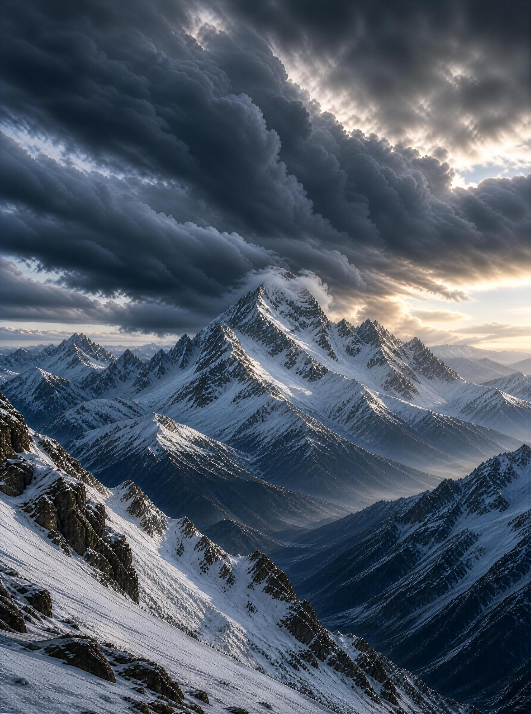 Snowy Mountain Peaks Under Stormy Sky