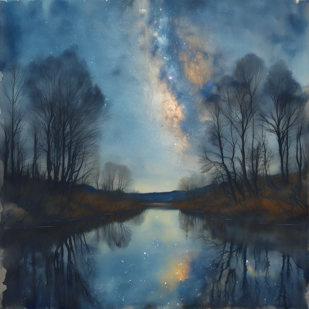 Deep blue night sky with stars reflecting in a calm river lined with trees.