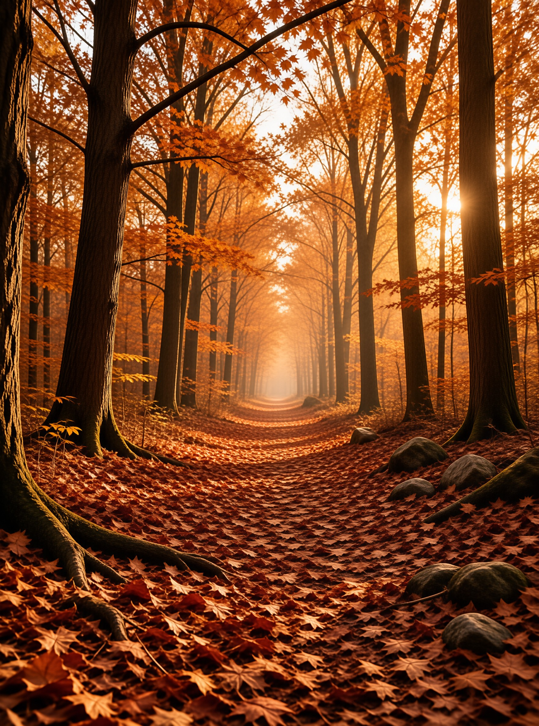 A tree lined path fades into golden haze with tall trunks and a carpet of fallen orange maple leaves.