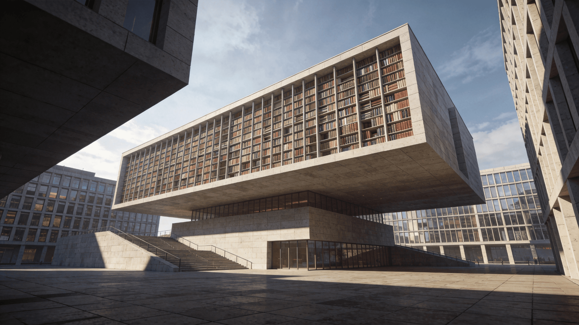 Library with Floating Cantilever — Urban Plaza