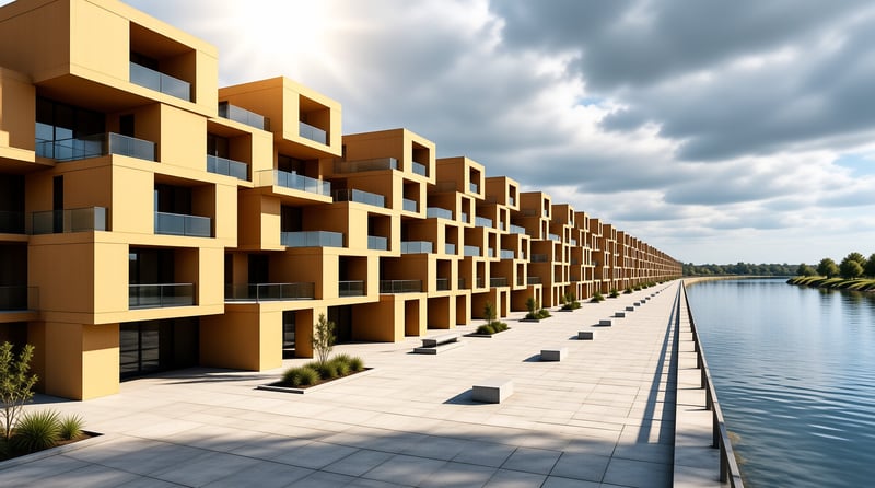 A long modern housing block of stacked golden balconies faces a calm canal beneath a bright cloudy sky