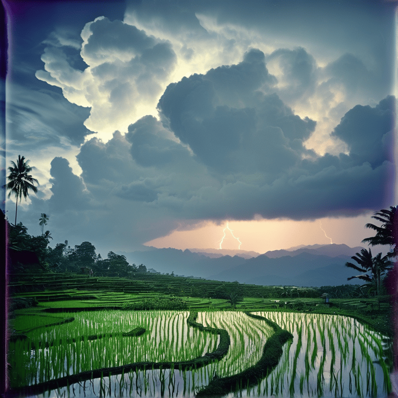 Flooded tiered rice fields fill a tropical valley below distant mountains, lightning flashing under heavy overcast dusk sky.