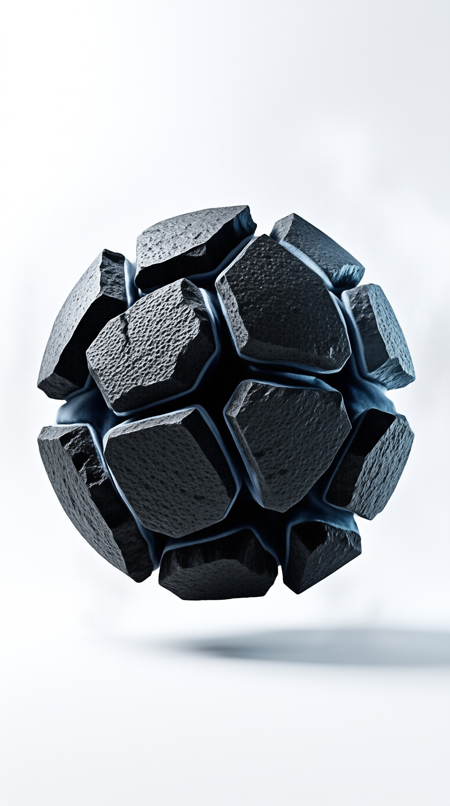 A rough dark stone sphere composed of irregular segments filled with blue fabric material floating above a white surface.