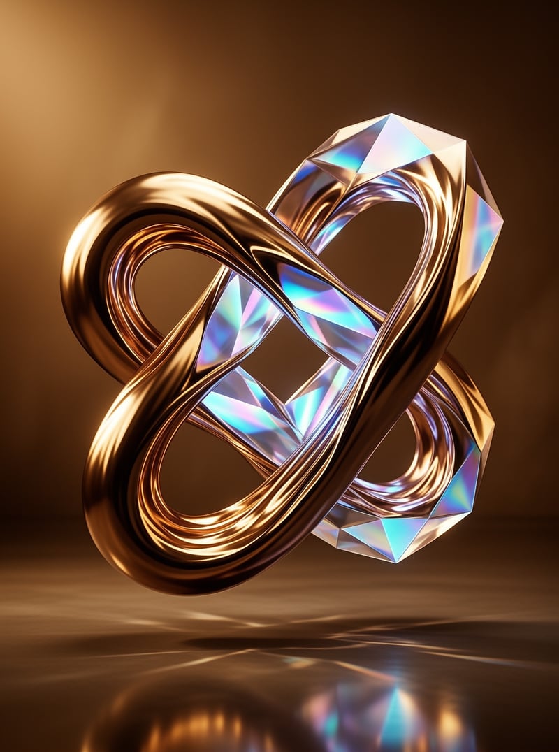 A smooth bronze band weaves through faceted iridescent crystal against a warm amber studio glow.