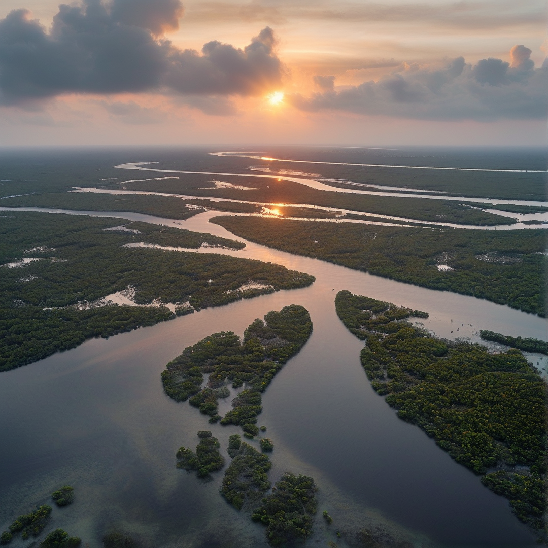 River channel cutting through dense green mangroves while the sun sets reflecting golden light on the water.