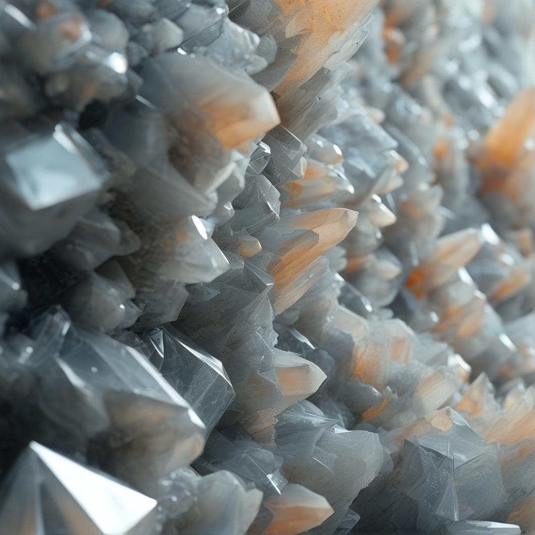 A close view of sharp mineral formations showing translucent grey bodies and glowing orange tips.