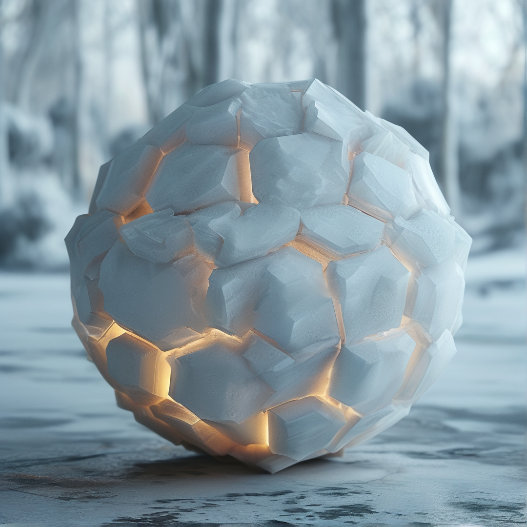 A crystalline sphere emits warm light from within while resting on a snowy ground with trees in the distance.