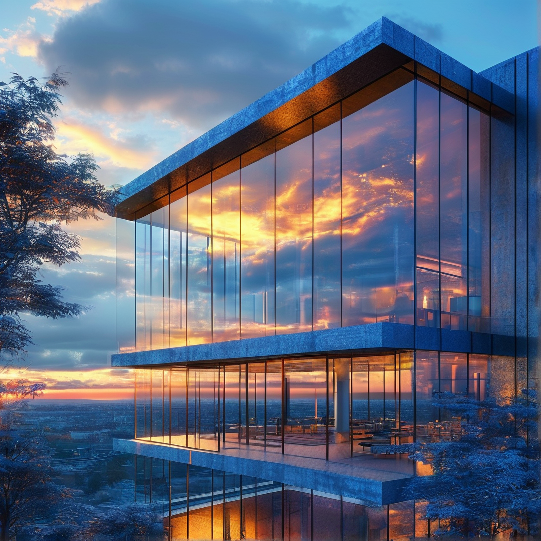 Modern Glass House at Sunset