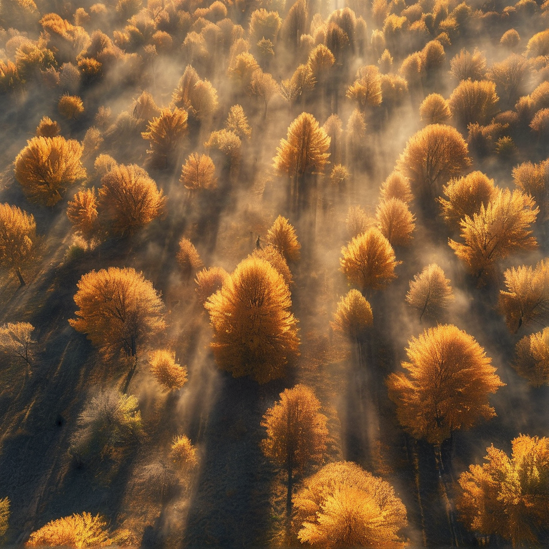 Golden Forest in Morning Mist